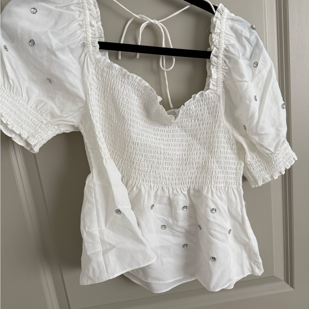 White Hill House Smocked Women's Top with Silver Accents Size Large